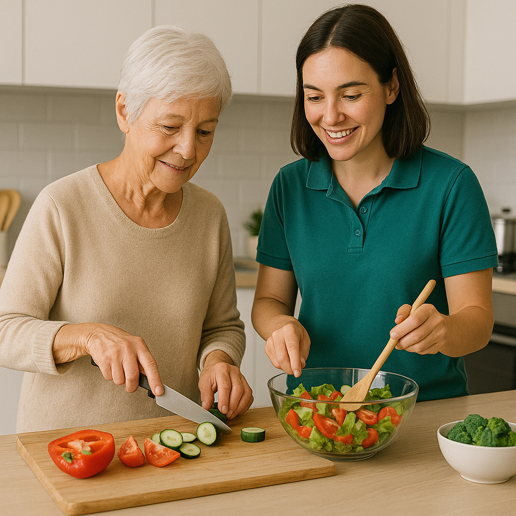 Two women, one elderly with gray hair and one younger with dark hair, preparing a vegetable salad together in a kitchen. The elderly woman is slicing cucumbers, while the younger woman is mixing chopped tomatoes and lettuce in a glass bowl.