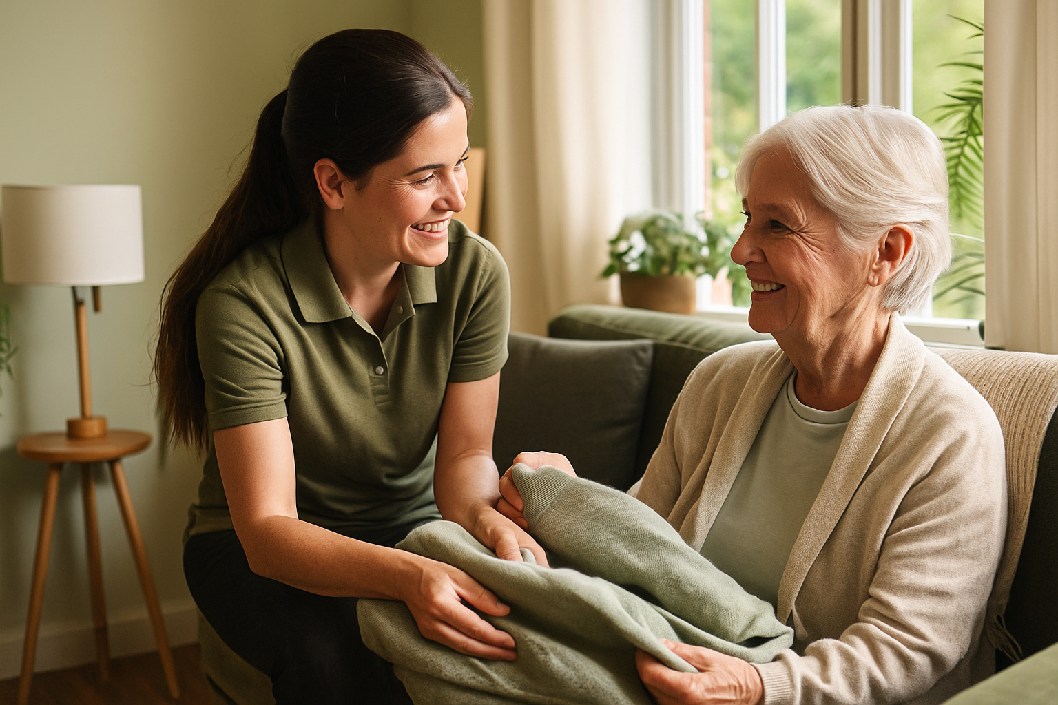A young woman assisting an elderly woman sitting on a couch, holding her hand and smiling warmly in a cozy living room.