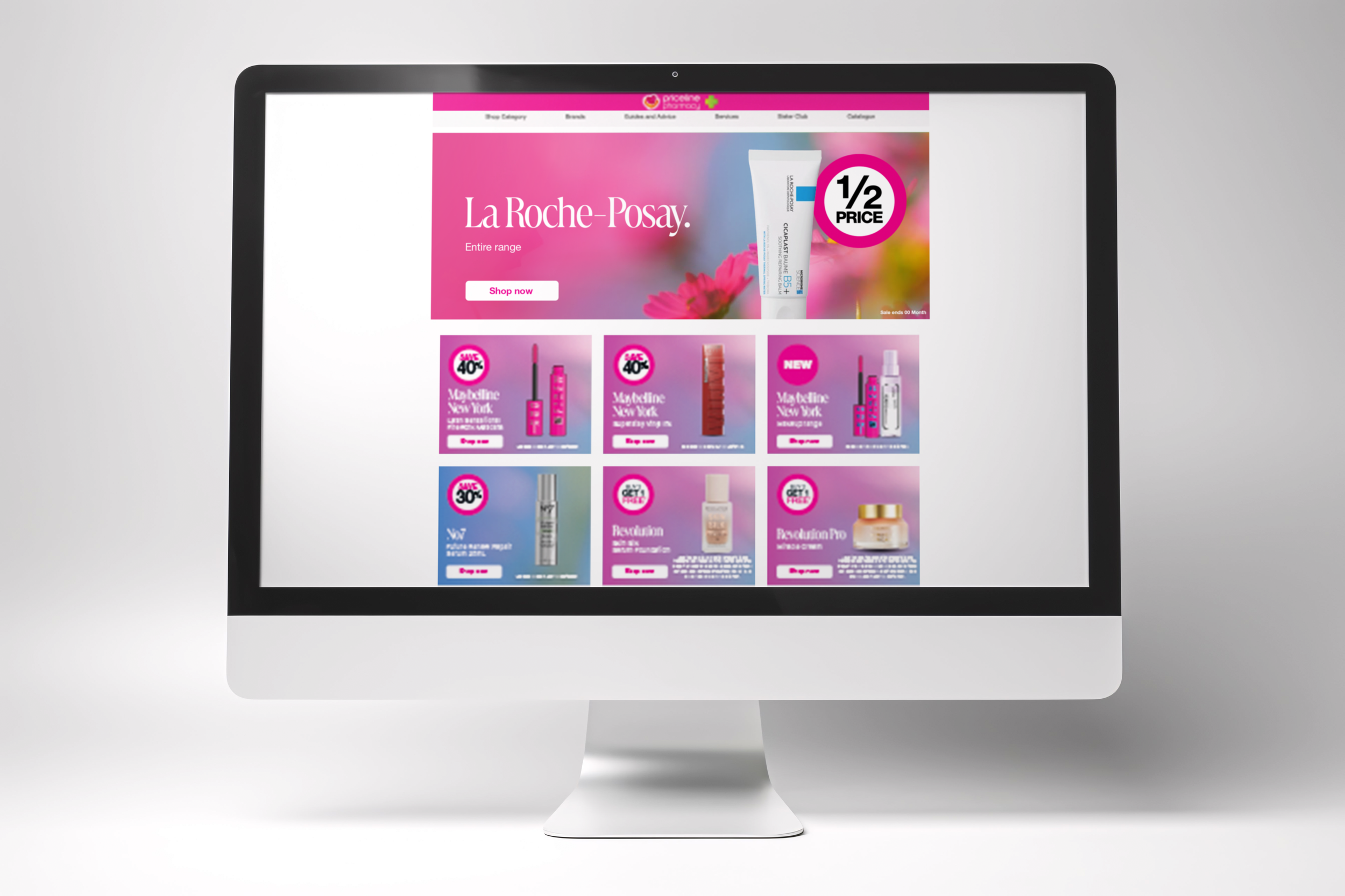 Computer screen displaying an online beauty store website with various skincare and cosmetic products, primarily featuring La Roche-Posay products and promotional discounts.
