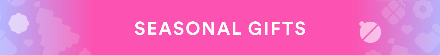 Pink and purple banner with the text "Seasonal Gifts" and holiday-themed icons like snowflakes and gift boxes.