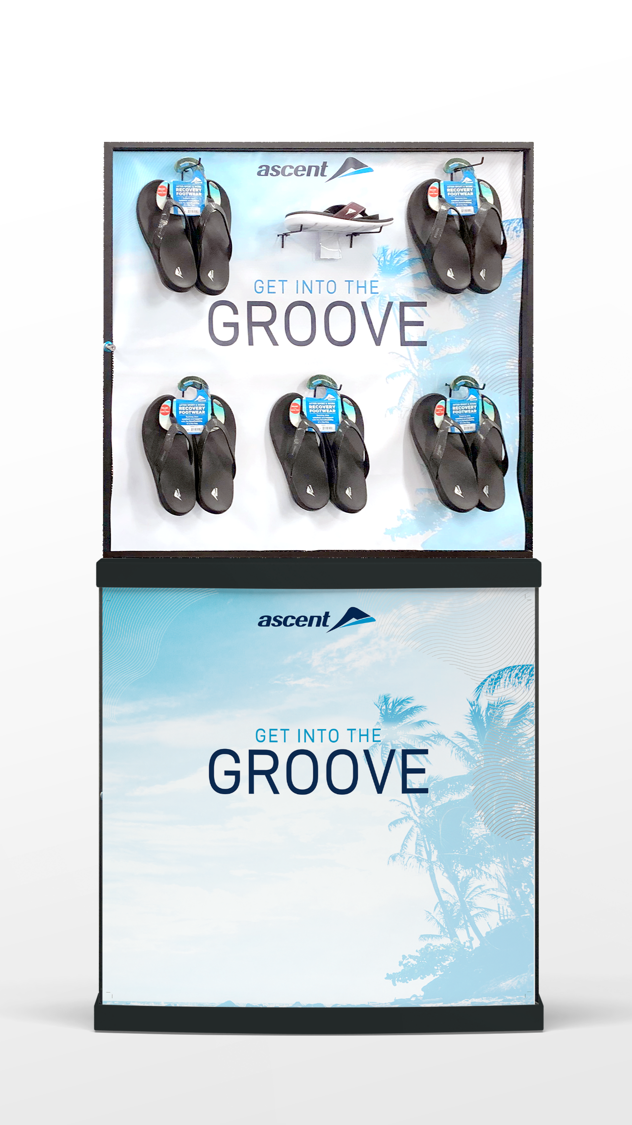 Display of black flip-flops with tags hanging on a black frame, with a background of blue sky and palm trees, and the words "Get into the groove" and the brand name "ascent."