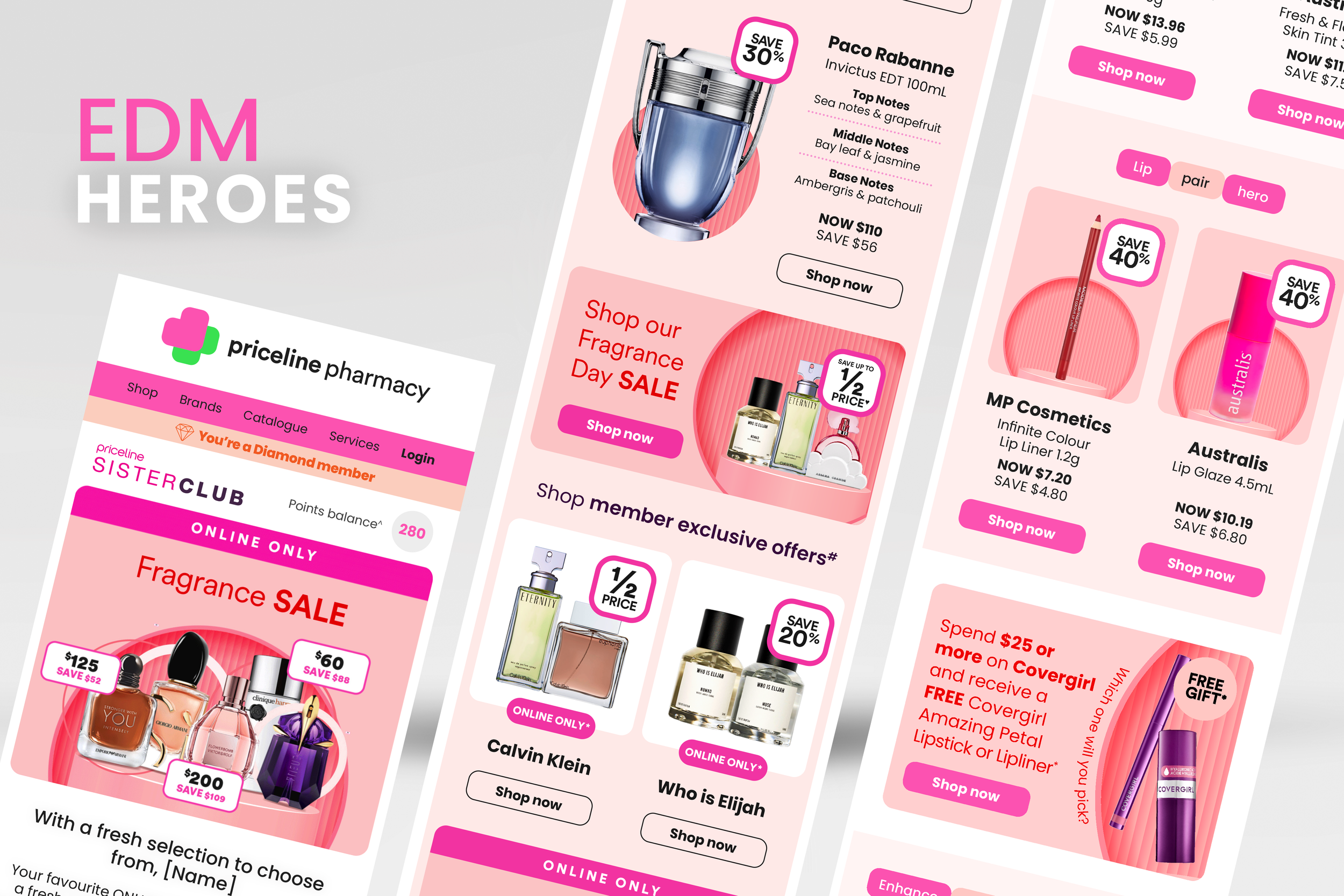 Promotional email for a fragrance sale by Priceline Pharmacy featuring various perfumes, makeup, and skincare products with discounts and free gifts, with bright pink and white design and product images.