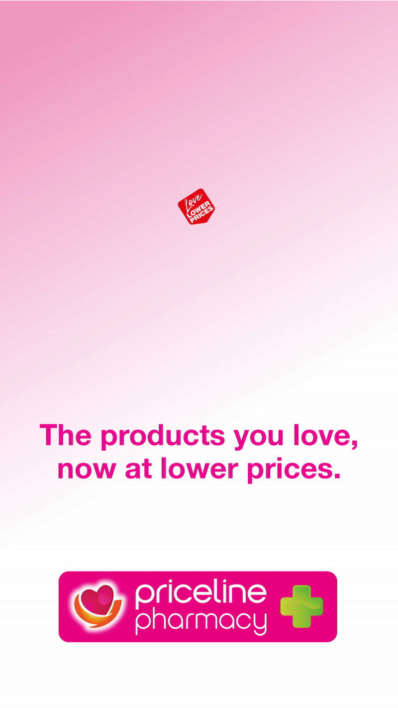 Poster for Priceline Pharmacy announcing lower prices on products, with a pink background, a red and white logo at the top, and a pink and green pharmacy logo at the bottom.