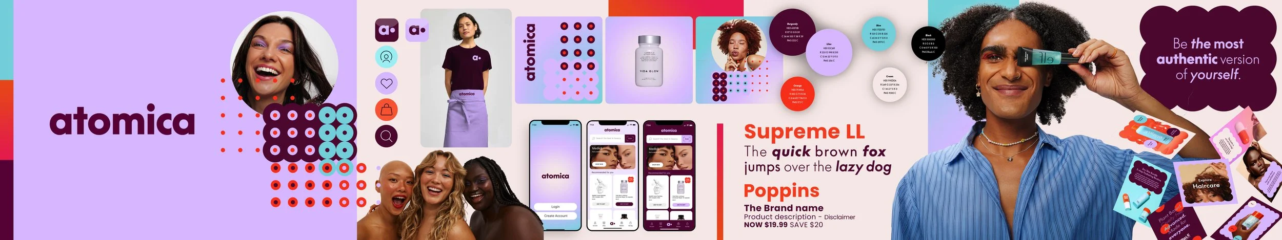 A colorful advertisement featuring diverse women showcasing skincare and beauty products, mobile app interfaces, and promotional text for a brand named Atmica.