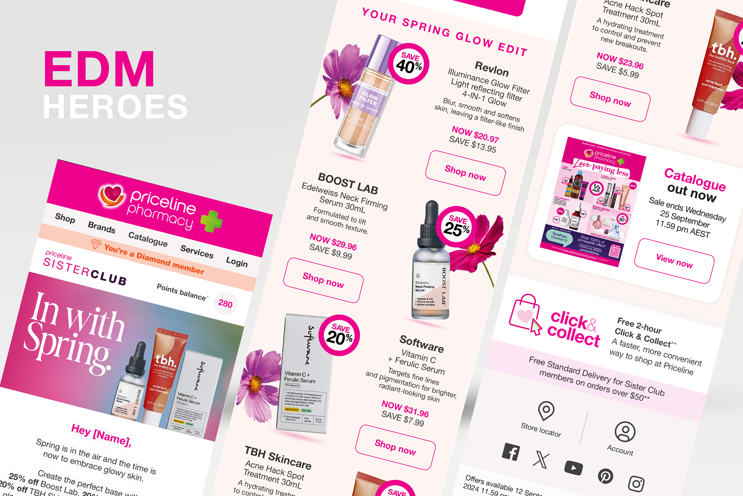 Promotional email from Priceline pharmacy showcasing spring skincare products, discounts on Revlon Glow Filter, Boost Lab serum, software, a catalog sale, and details about click & collect, with pink and white design and images of the products.