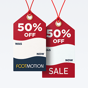 Two sale tags advertising 50% off from Foot Motion, one with Marine Blue accents and the other with red accents.