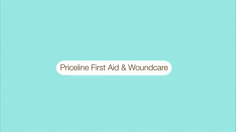 Text on a blue gradient background reads "Priceline First Aid & Woundcare".