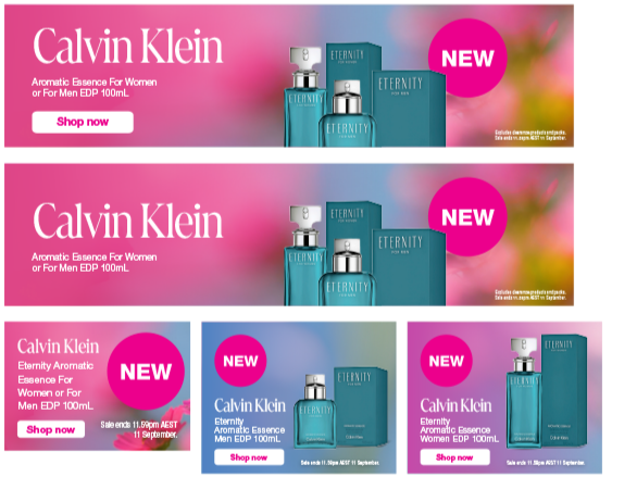 Advertisement banners for Calvin Klein Eternity Aromatic Essence perfume for women and men, featuring blue bottles and boxes, with pink and purple backgrounds and "NEW" labels.