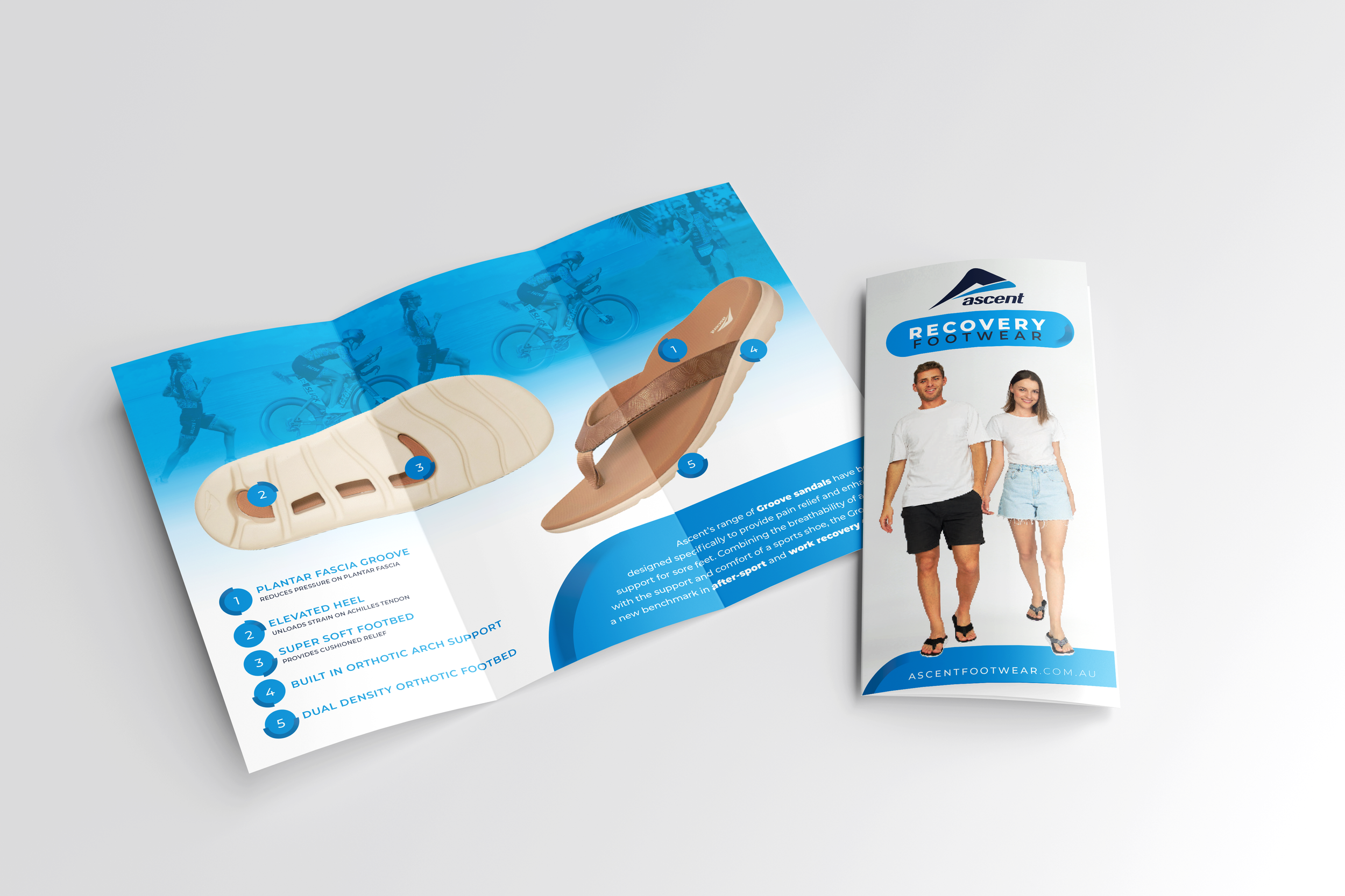 Brochure featuring recovery footwear with an image of a man and woman walking, and a detailed interior page showing a sandal with numbered parts and descriptive text.