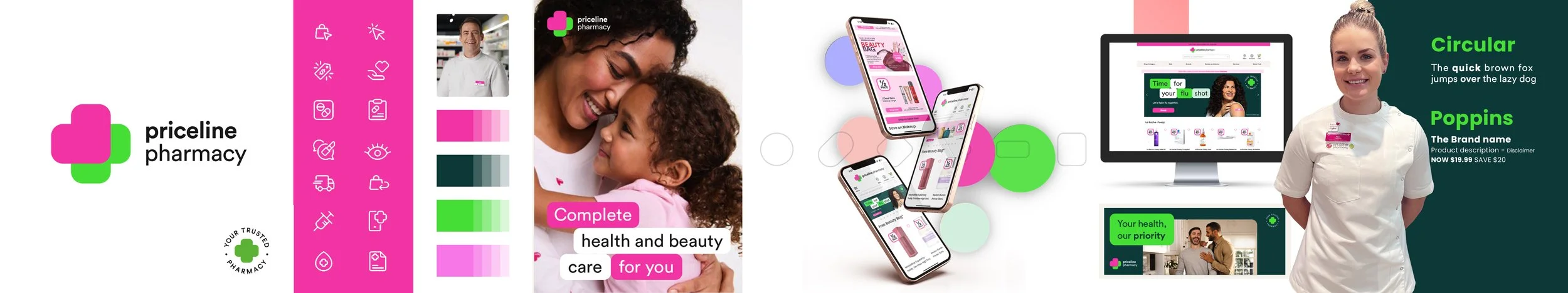 A promotional collage for Priceline Pharmacy features a logo, a smiling female staff member, a mother and daughter, and mobile app displays. The collage highlights products, healthcare services, and brand colors of pink, green, and white.
