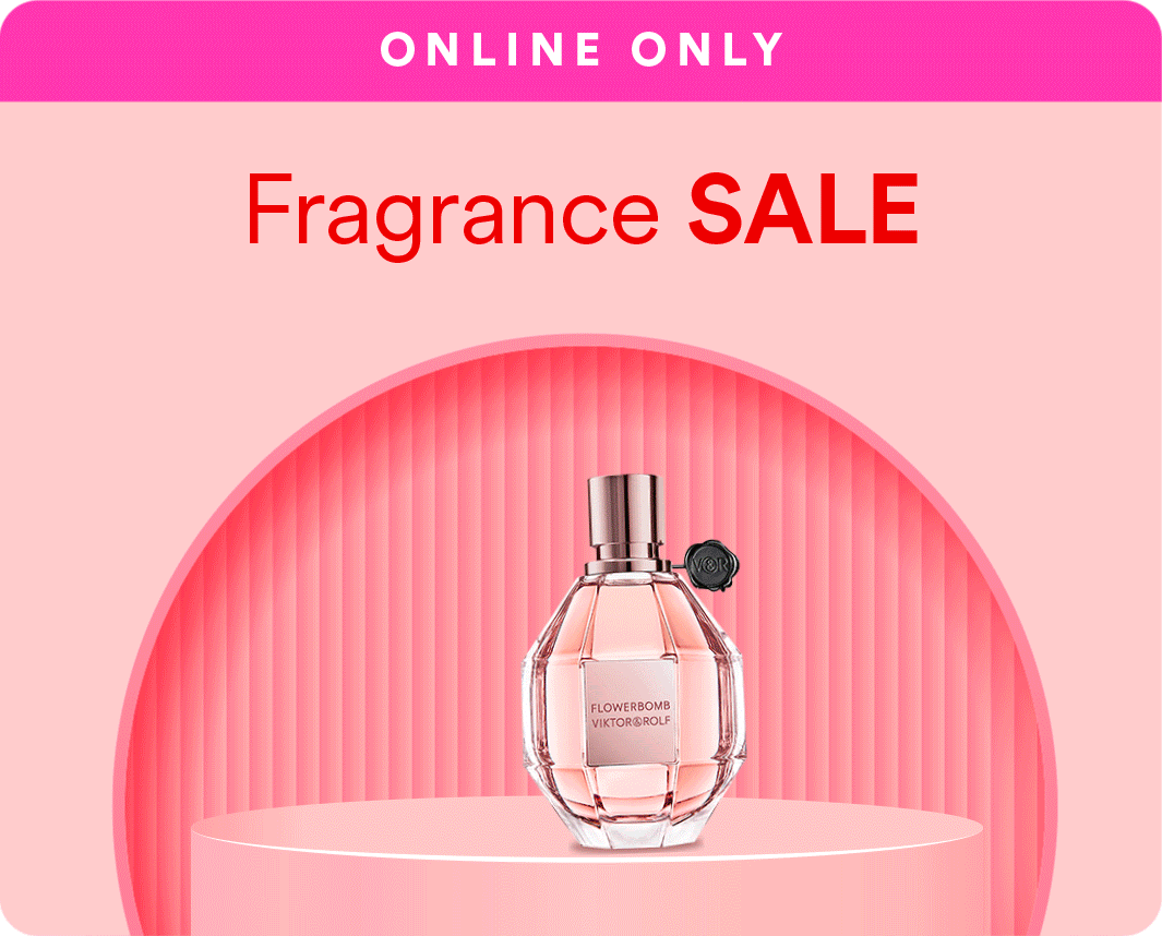 Pink background with white text 'Online Only', big red text 'Fragrance SALE', and an image of a perfume bottle labeled 'FLOWERBOMB' on a pink circular platform.