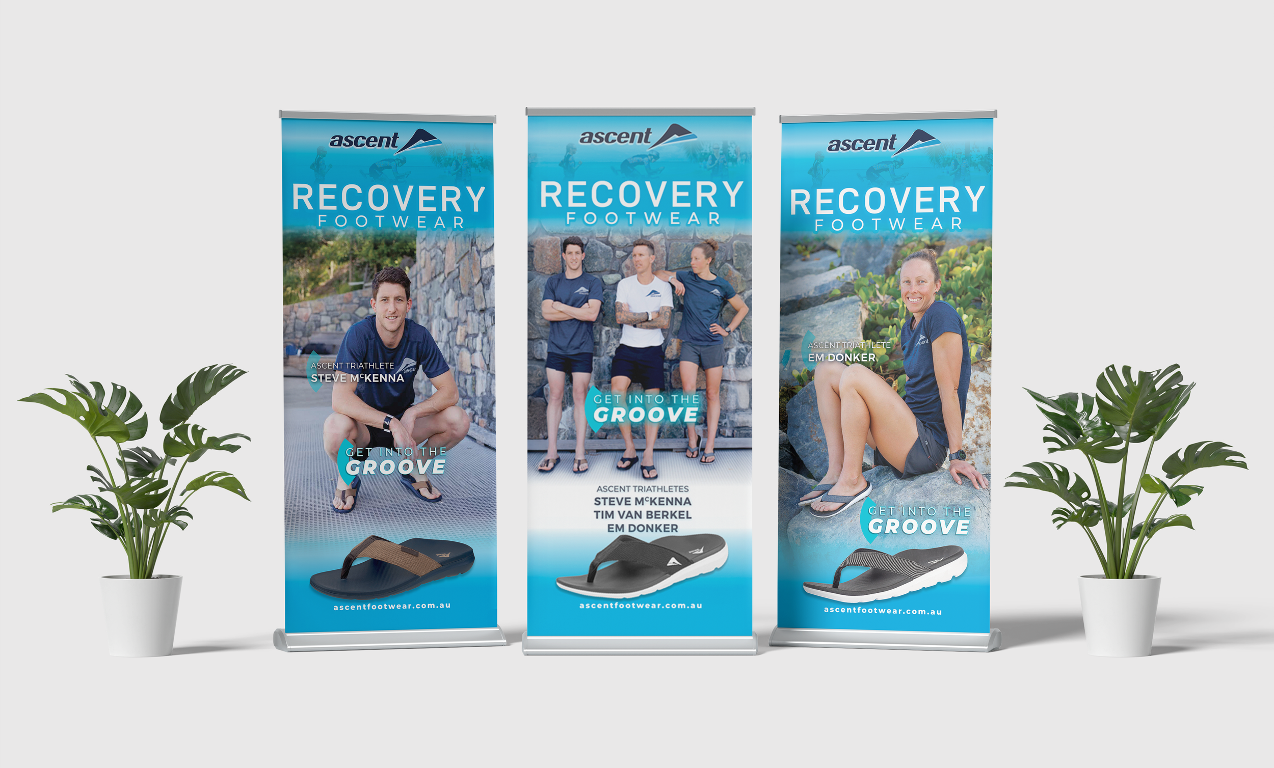 Three vertical banners advertising Recovery Footwear with photos of three athletes, one crouching and two standing, and a woman sitting on rocks, all wearing sandals. The banners feature text promoting get into the groove and list athlete names, with the website at the bottom.