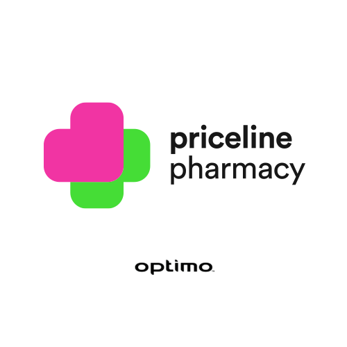 Logo of Priceline Pharmacy with pink and green cross and the name in black text, and the word "optimo" below.