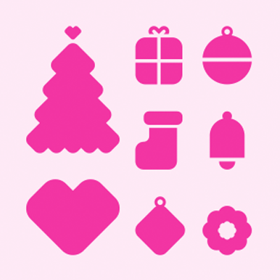 Pink Christmas-themed icons including a decorated tree with a heart on top, a gift box, a Christmas ornament, a Christmas stocking, a bell, a heart, a diamond-shaped ornament, and a snowflake, all on a light pink background.