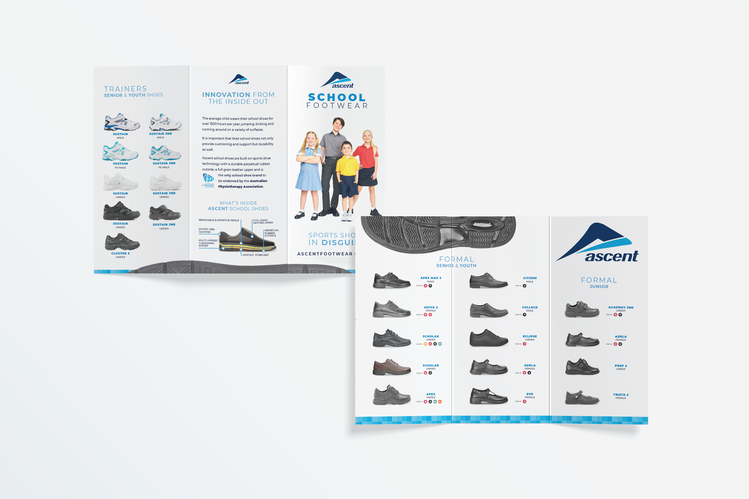 Brochure displaying various styles of Ascent school and formal shoes for different age groups and genders, with images of children and shoes, and information about features and endorsements.