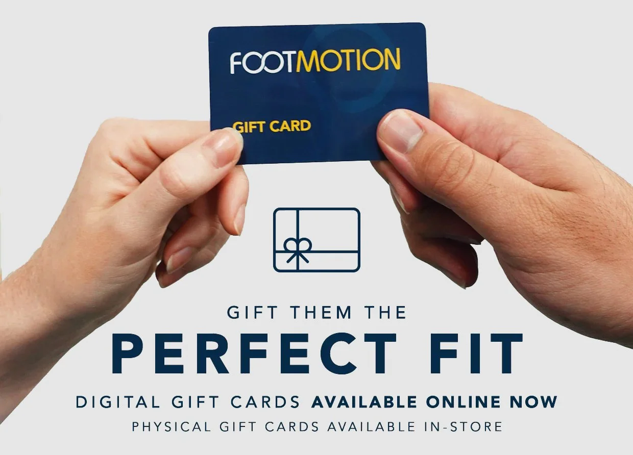 Hands holding a digital gift card for FootMotion, with text promoting gift cards available online and in-store.