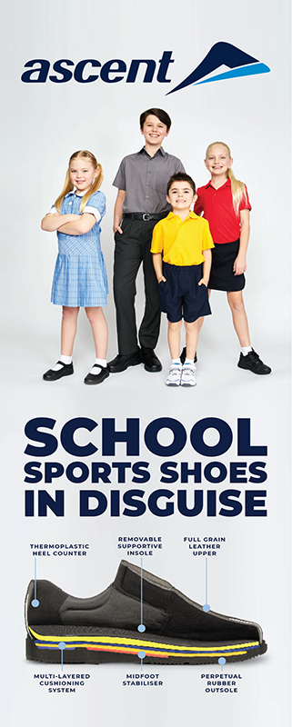 Four children in school uniforms standing in front of a backdrop with the Ascent logo. The text reads "School Sports Shoes in Disguise" and shows a diagram of a school shoe highlighting features like a thermoplastic heel counter, removable supportive insole, full grain leather upper, multi-layered cushioning system, midfoot stabilizer, and perpetual rubber outsole.