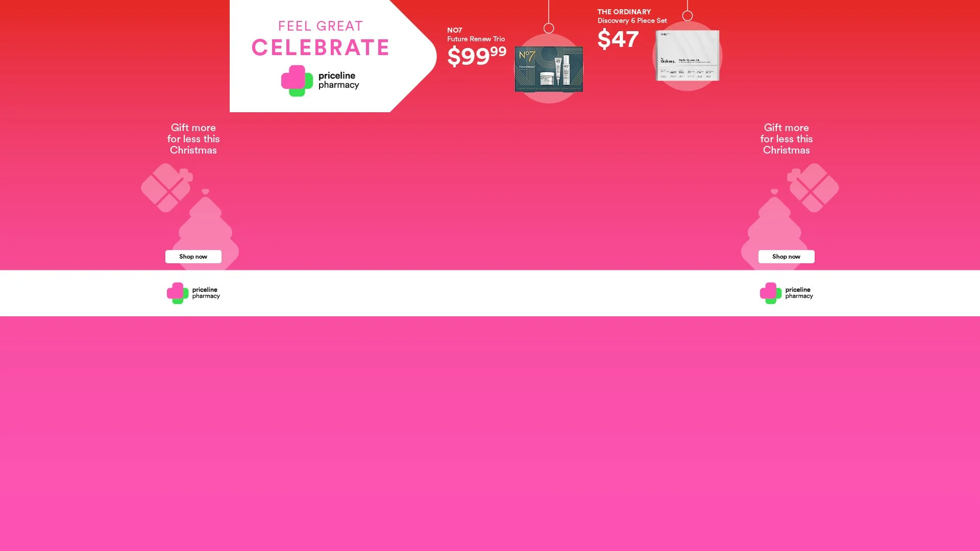 Advertisement banner with a pink background promoting holiday gift ideas from Priceline Pharmacy. It features discounts on Next Future Renew Trio for $99.99, Discovery 6 Piece Set for $47, and The Ordinary products. The banner includes Christmas-themed gift icons and call-to-action buttons labeled 'Shop now'.