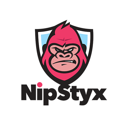 A cartoon logo of a pink gorilla face with a fierce expression, inside a shield shape, with the text "NipStyx" underneath.