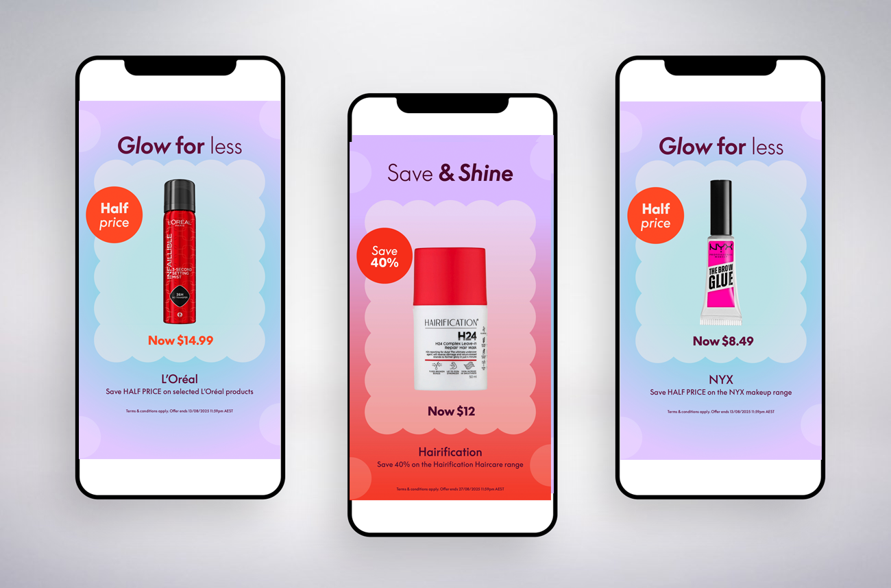 Three smartphones displaying beauty product sale advertisements with purple backgrounds and red sale tags, featuring hair and makeup products from L'Oreal, Hairification, and NYX.