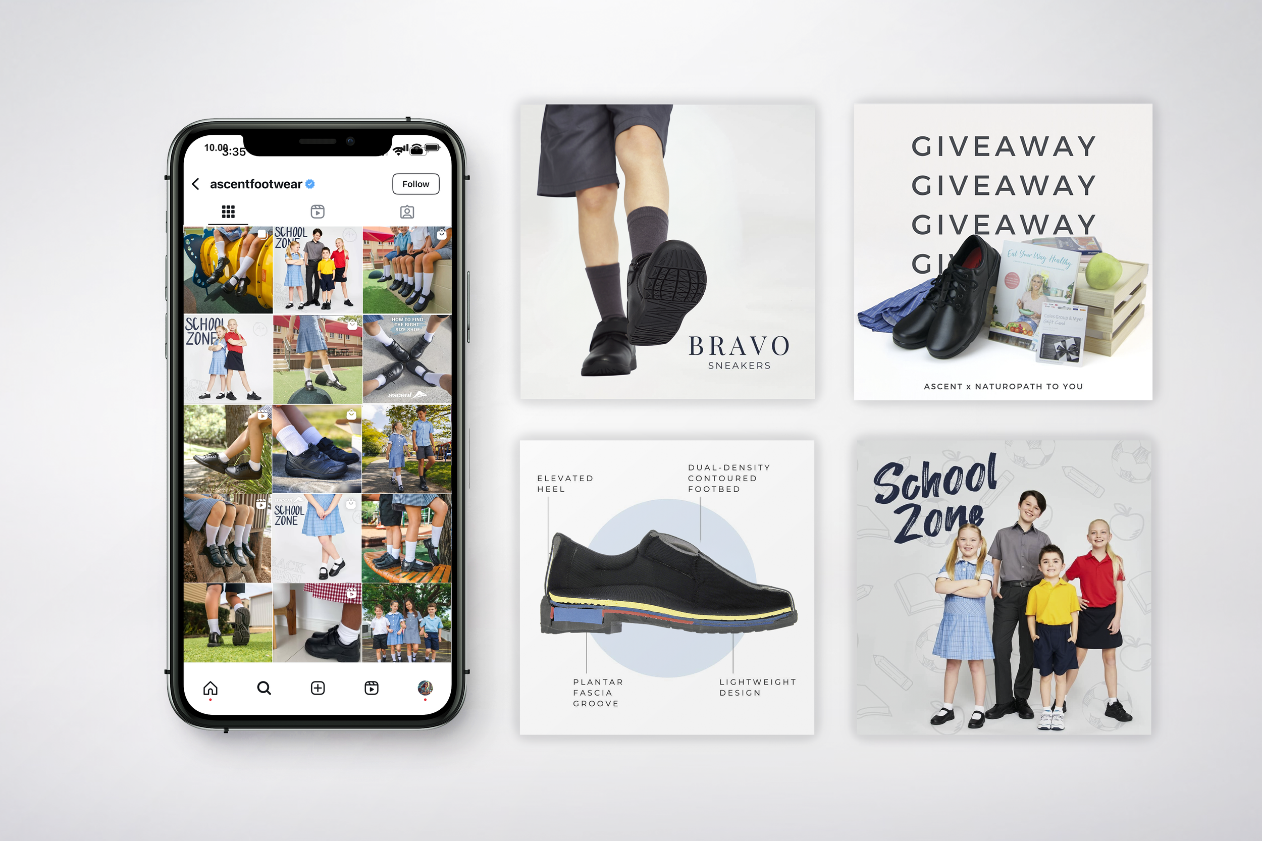 Flat lay of a smartphone displaying an Instagram profile of ascentfootwear, surrounded by four marketing images of kids' shoes and school-related themes. The images showcase children in school uniforms, close-ups of shoe details, a shoe with annotated features, and children in school uniforms standing together.