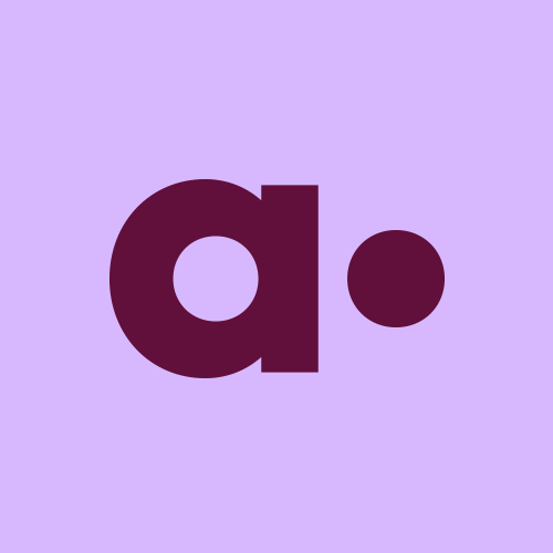 A purple background with a lowercase letter 'a' and a period in dark purple.
