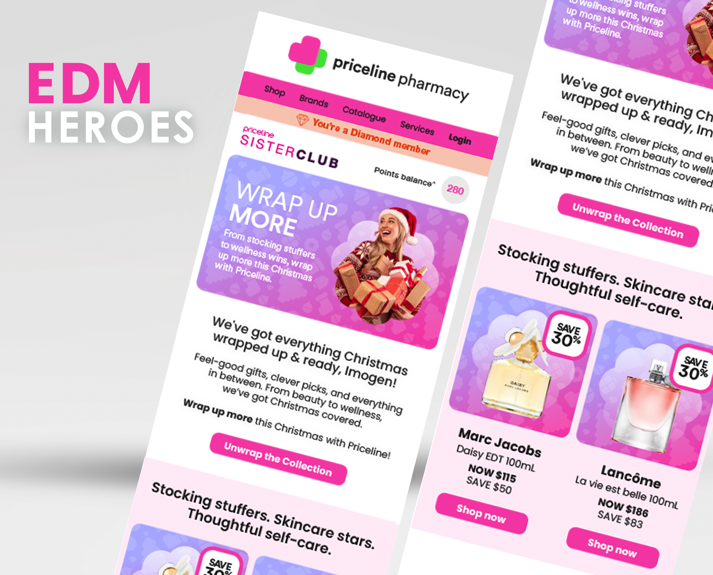 Email newsletter from Priceline pharmacy featuring Christmas gift wrapping promotion, with a woman in a Santa hat holding wrapped gifts. The newsletter highlights discounts on fragrances and skincare products, with pink call-to-action buttons.