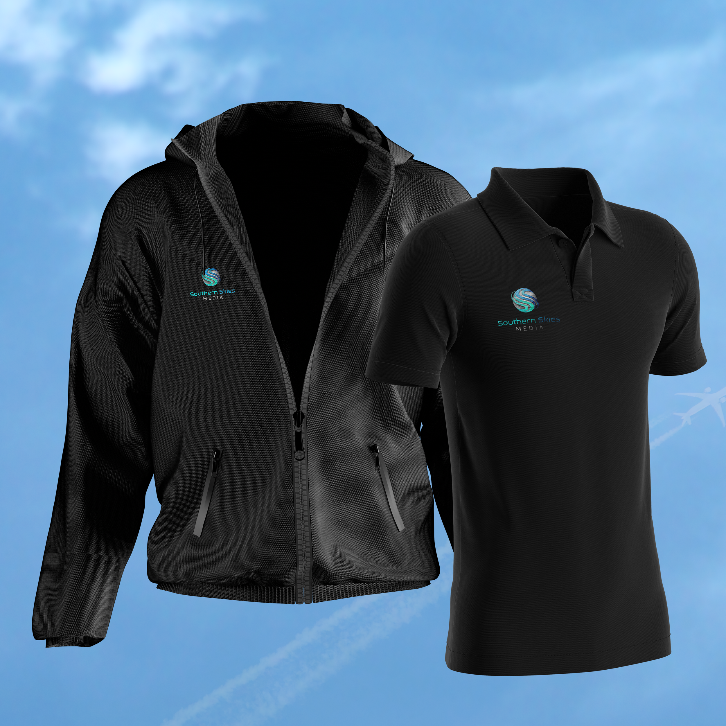 Black hooded jacket and black polo shirt with 'Southern Skies Media' logo on a blue sky background.