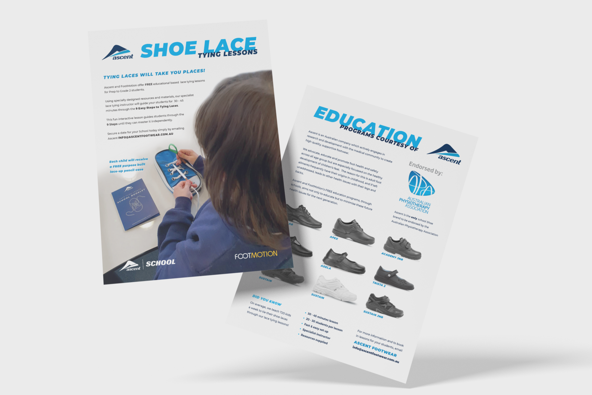 Flyer promoting shoe lace tying lessons and school shoes endorsed by the Australian Physiotherapy Association, with images of various shoe styles, and a child tying shoelaces.