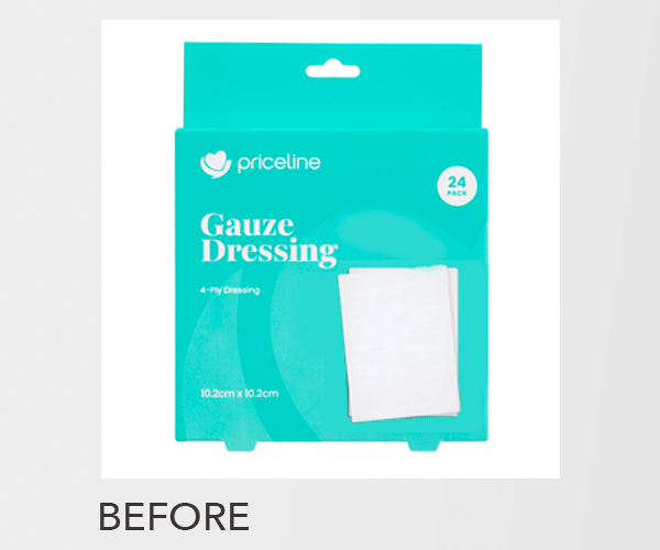 A box of Priceline Gauze Dressing with 24 sterile 4x4 inch gauze pads.