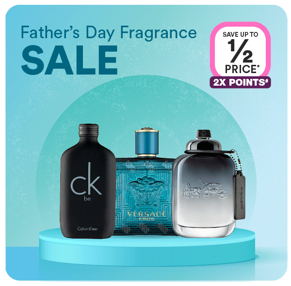 Father's Day fragrance sale advertisement featuring three cologne bottles: Calvin Klein ck be, Versace Eros, and Coach.