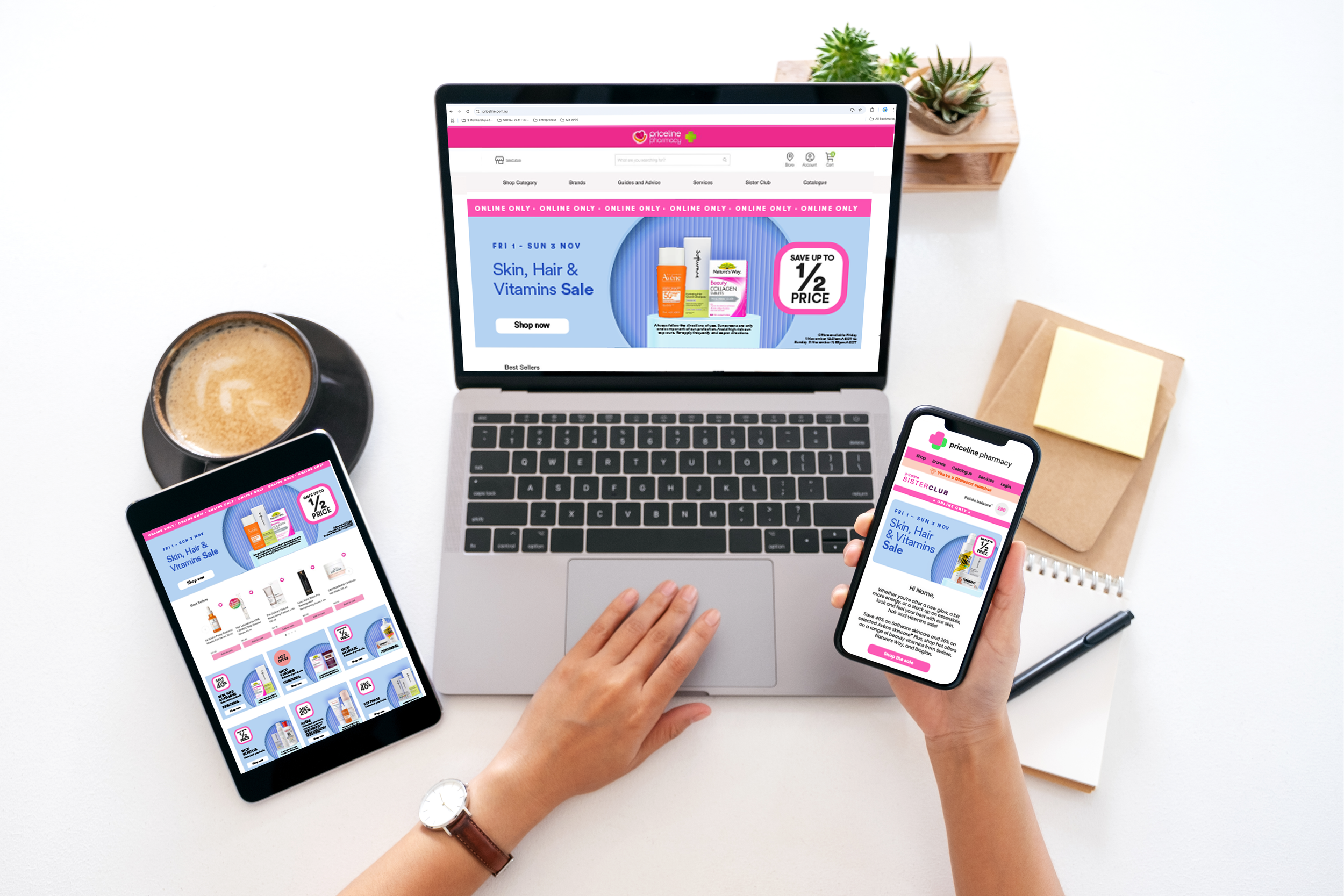 A person shopping online for pharmacy products on a laptop, tablet, and smartphone with advertisements for a skin, hair, and vitamins sale on all devices.