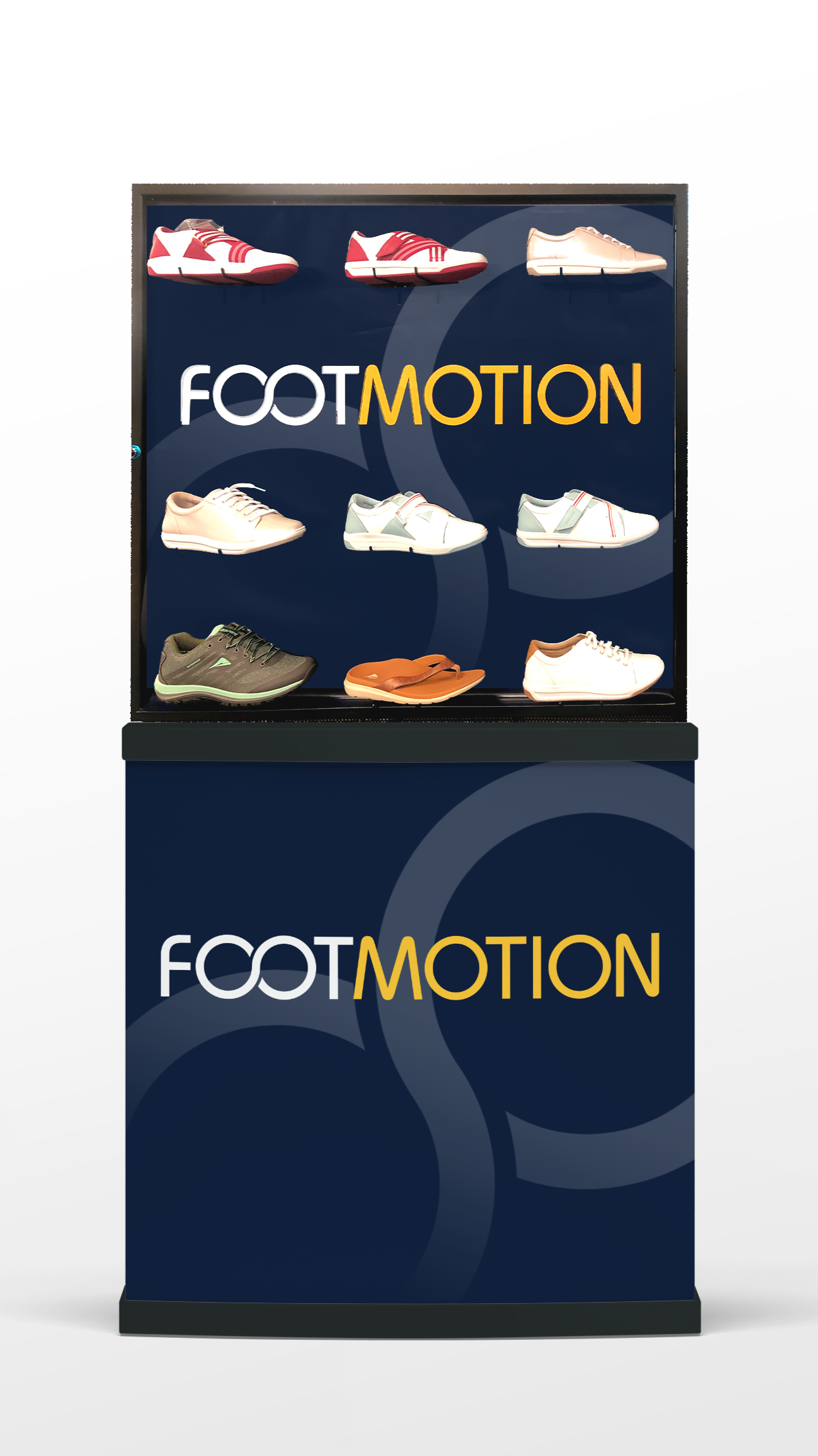 Display case with various athletic shoes on a shelf and the text "FOOTMOTION" in yellow and white on a blue background.