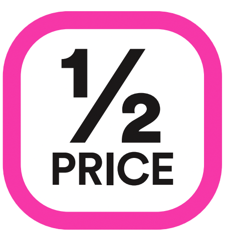 Graphic showing one-half discount with pink border and black text