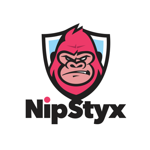 A stylized cartoon gorilla mascot with a pink face and black outlines, wearing a shield-shaped background with light blue accents, and the text 'NipStyx' below.