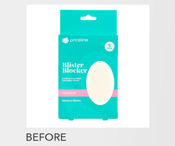 A package of Priceline blister blockers, which are cushioning pads to protect against painful blisters, with five pads inside. The box is blue and pink with a white blister blocker visible through a cutout window.