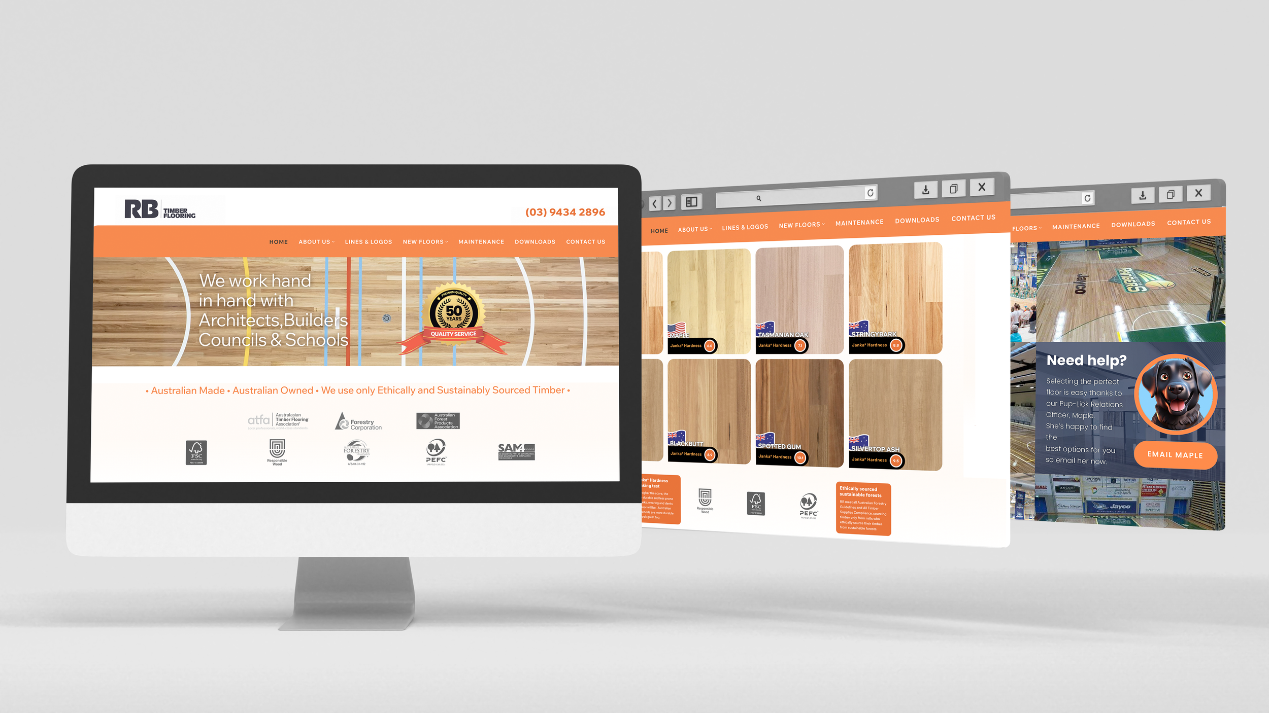 Three computer screens displaying flooring products and website pages for a timber flooring company, with a focus on Australian-made, sustainably sourced timber.