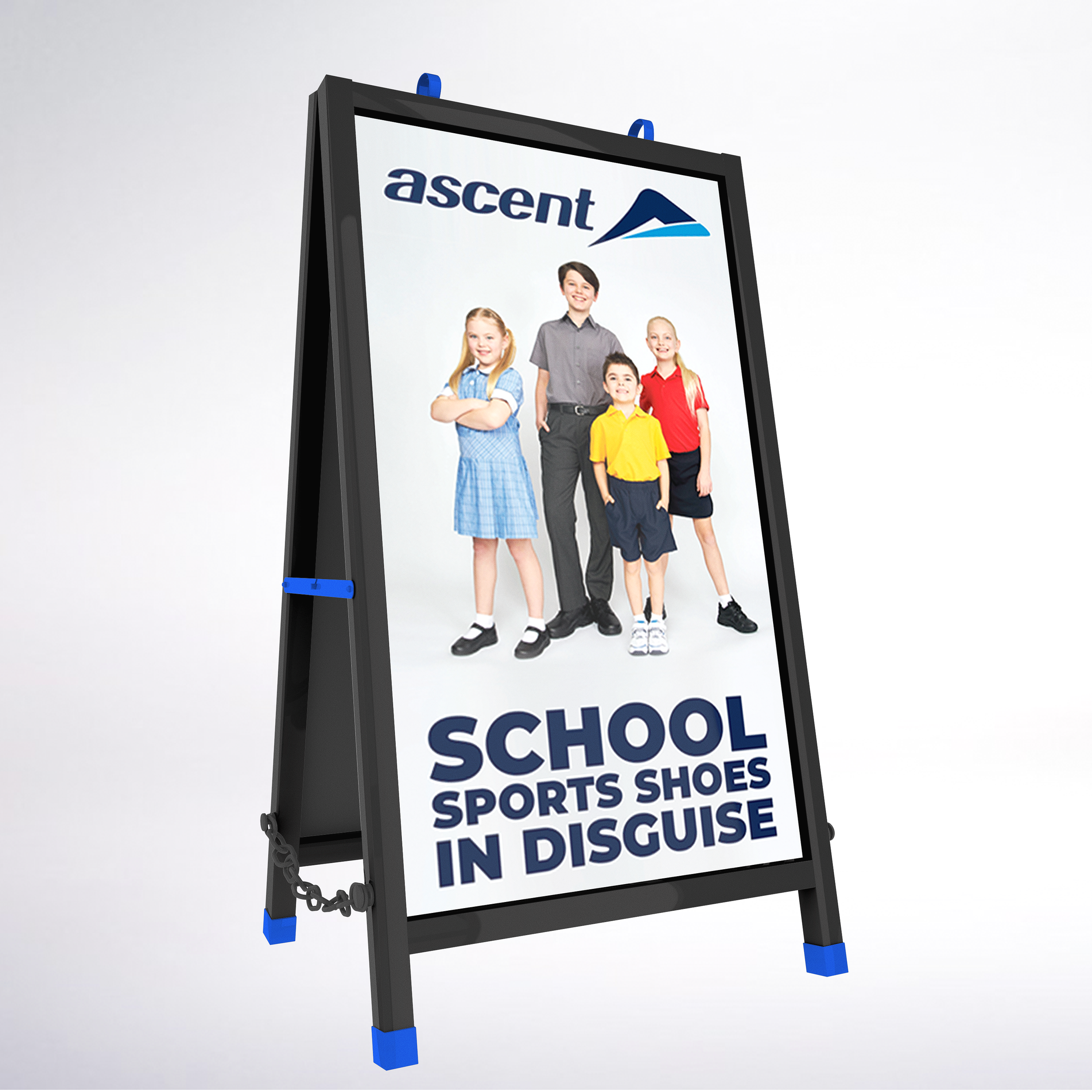 A sidewalk sign advertising school, sports shoes in disguise, with a photo of four children in school uniforms and casual clothes.