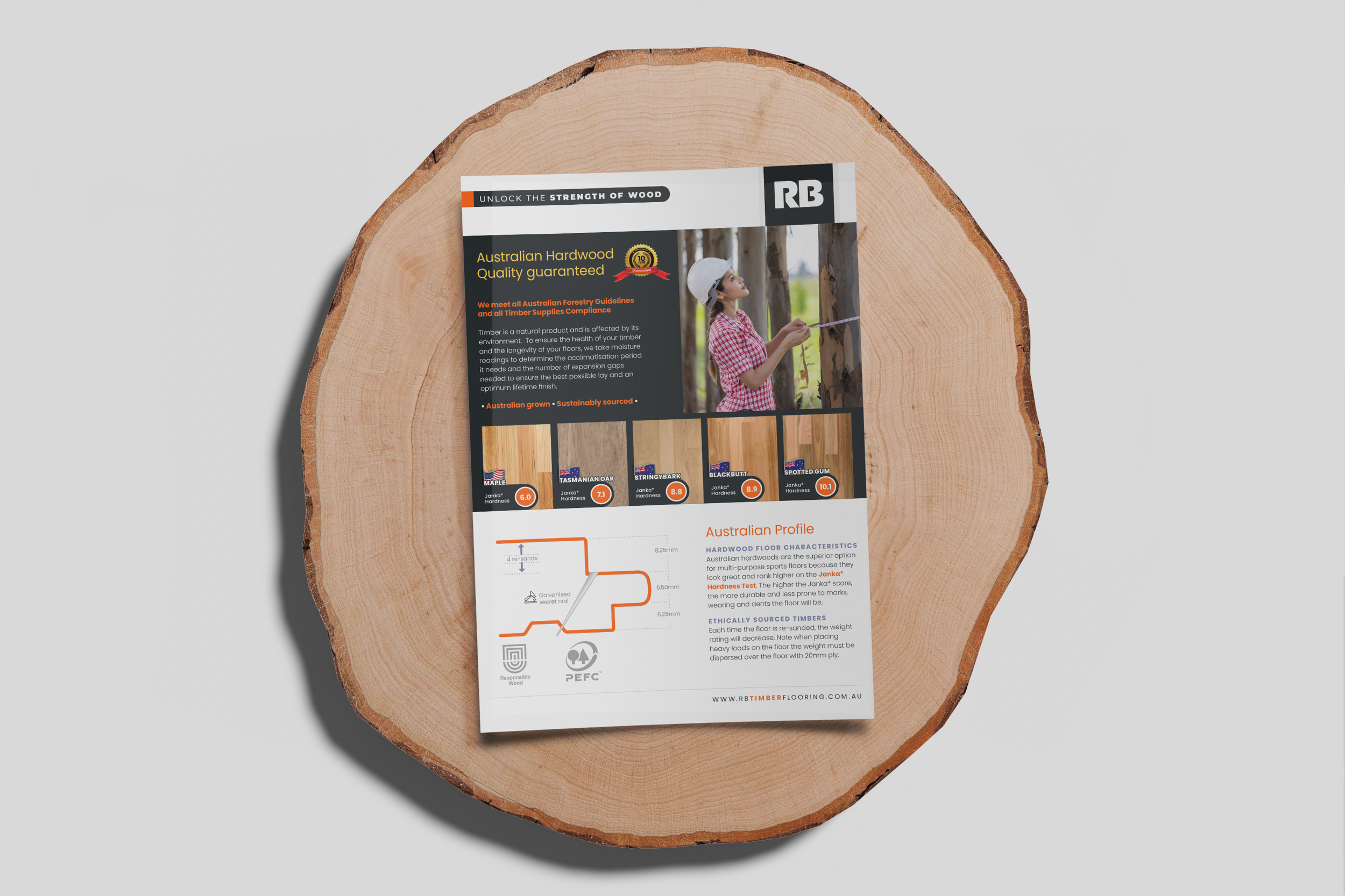 Brochure on a wooden cross-section promoting Australian hardwood timber with images of a woman measuring a tree, showcasing different wood types, hardness ratings, and characteristics of Australian timber.