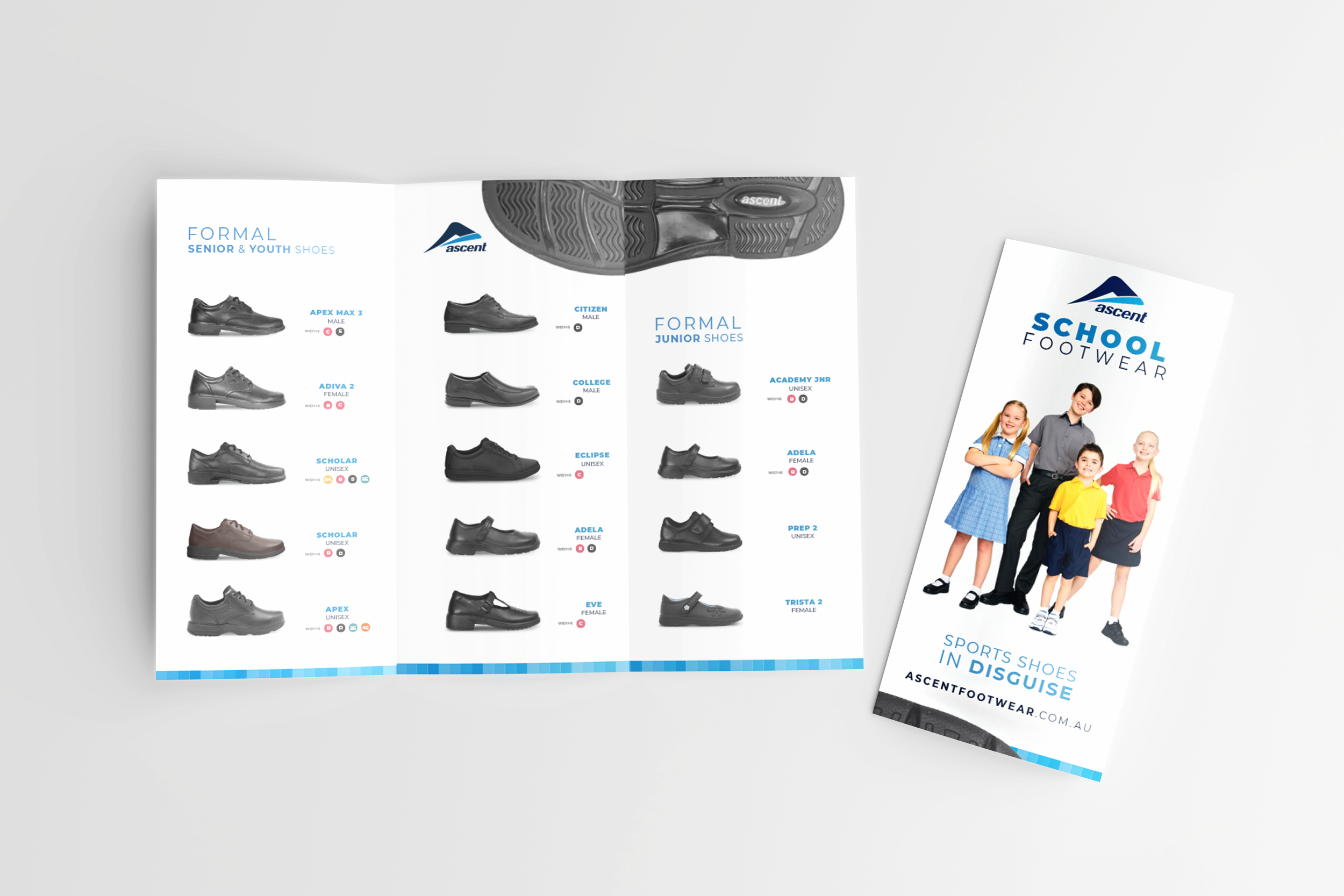 Brochure displaying various styles of boys', girls', and unisex formal, junior, and sport shoes from Ascent Footwear for school and youth.