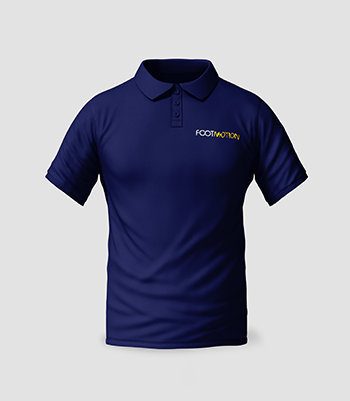 Navy blue polo shirt with 'FOOTMOTION' embroidered in yellow on the left chest.