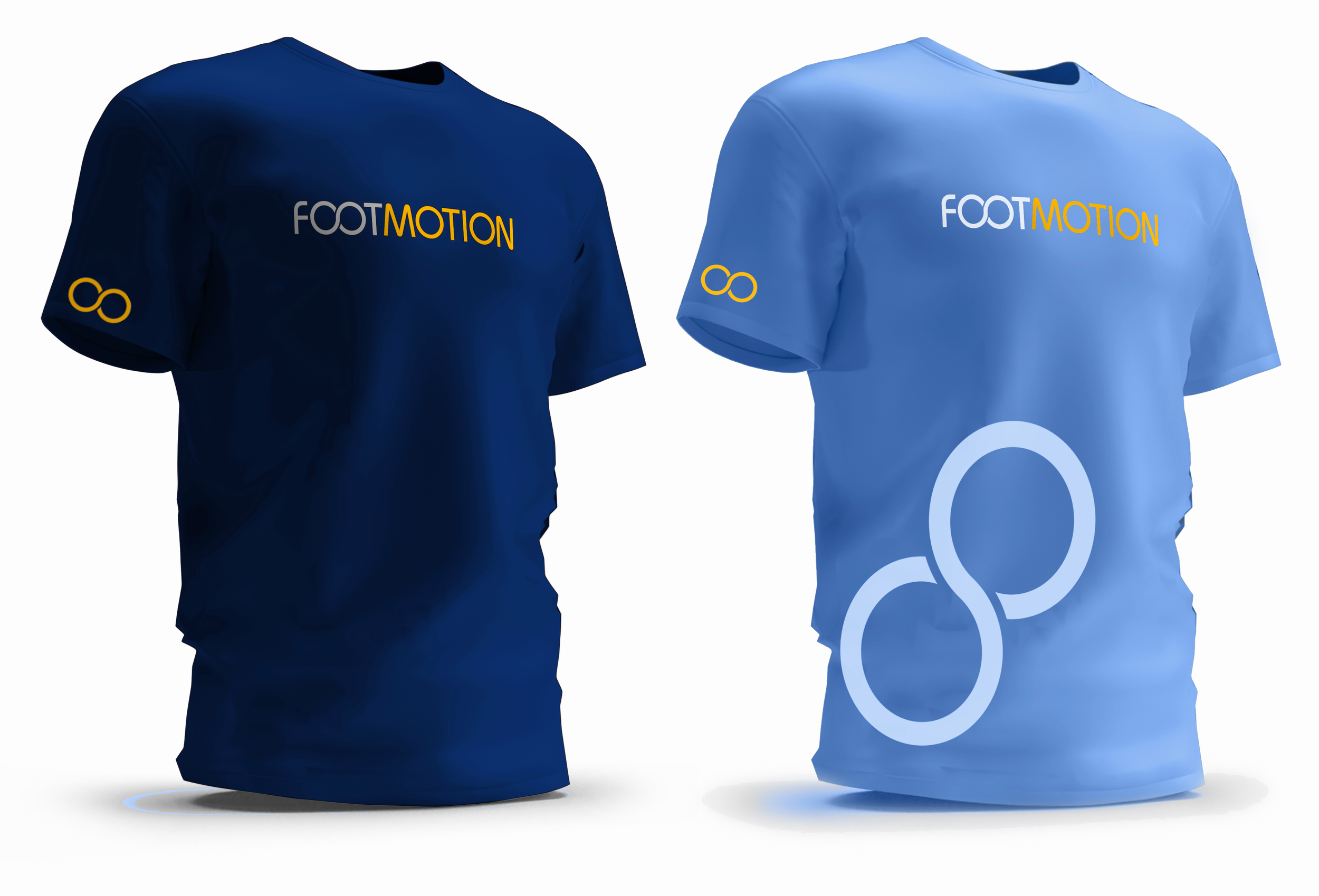Two blue athletic T-shirts with the logo 'FOOTMOTION' on the chest, one in dark blue and the other in light blue, featuring a yellow infinity symbol on the sleeve.