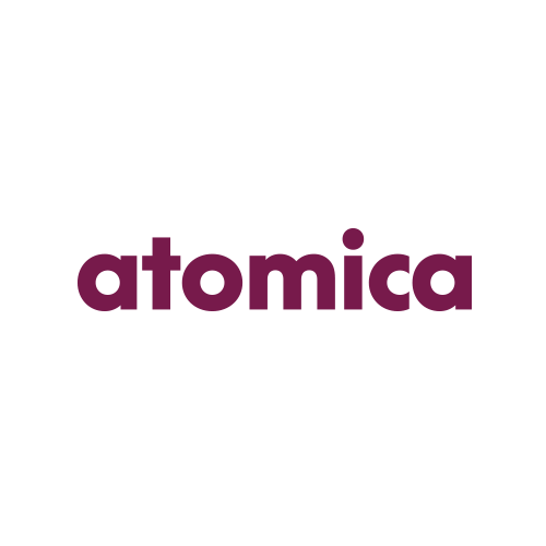 Logo with the word "atomica" in purple lowercase letters on a white background.