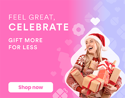 A woman in a Christmas hat holding holiday gift boxes, smiling, with a festive pink and purple background promoting celebrating and gift-giving.