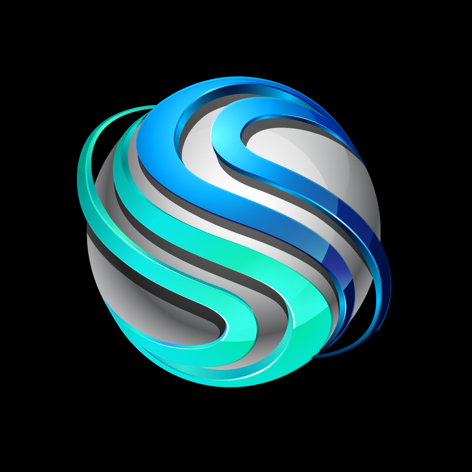 A spherical logo with blue and cyan swirling ribbon-like design on a black background.
