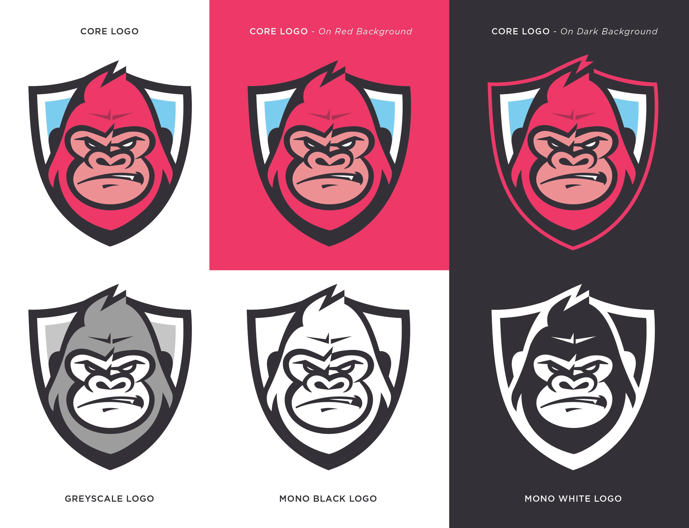 NipStyx Collection of six cartoon gorilla logos in various styles and color schemes, with text labels indicating each logo's style and background color, including white, pink, dark, grey scale, mono black, and mono white.
