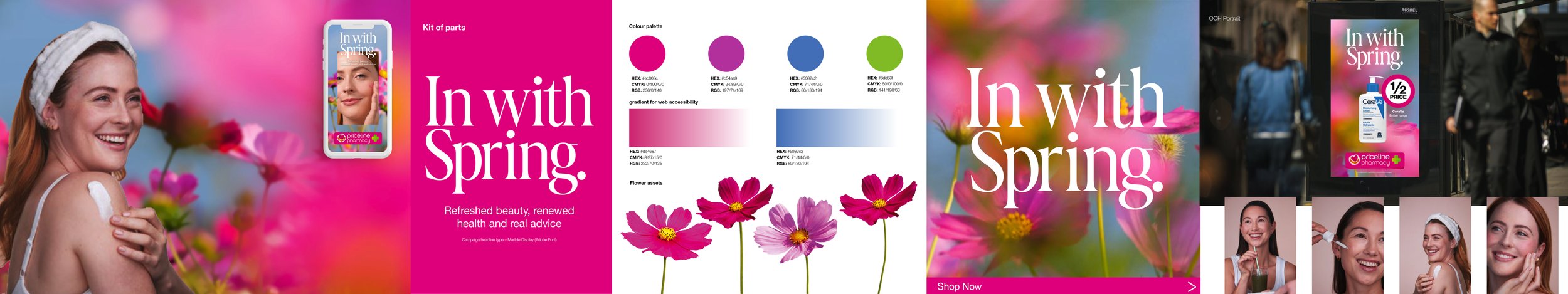 A collage of visuals with pink, purple, and blue color themes, promoting spring and health. It includes a smiling woman with a sunhat applying sunscreen, close-up of cosmos flowers, and an outdoor sign for a pharmacy sale offering half-price CeraVe products. There are text elements with