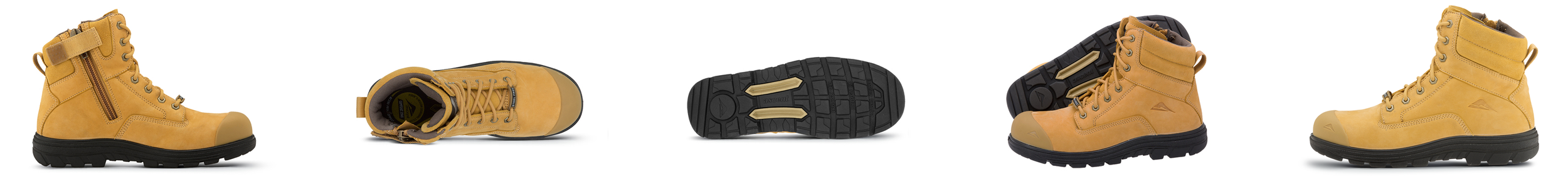Set of yellow work boots shown from side, top, sole, and back views.