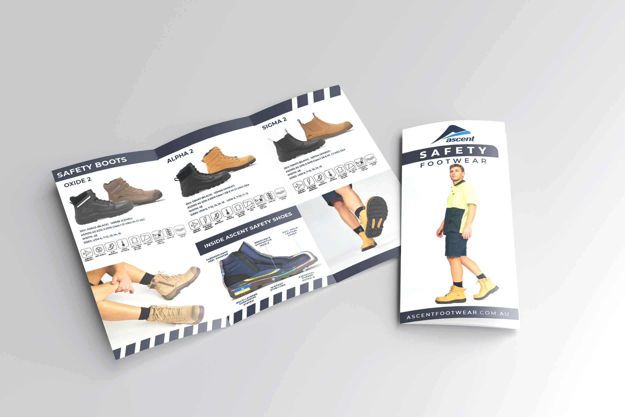 Folded brochure showcasing safety footwear with various boots, diagram of inside safety shoes, and a man modeling yellow safety boots on the cover.