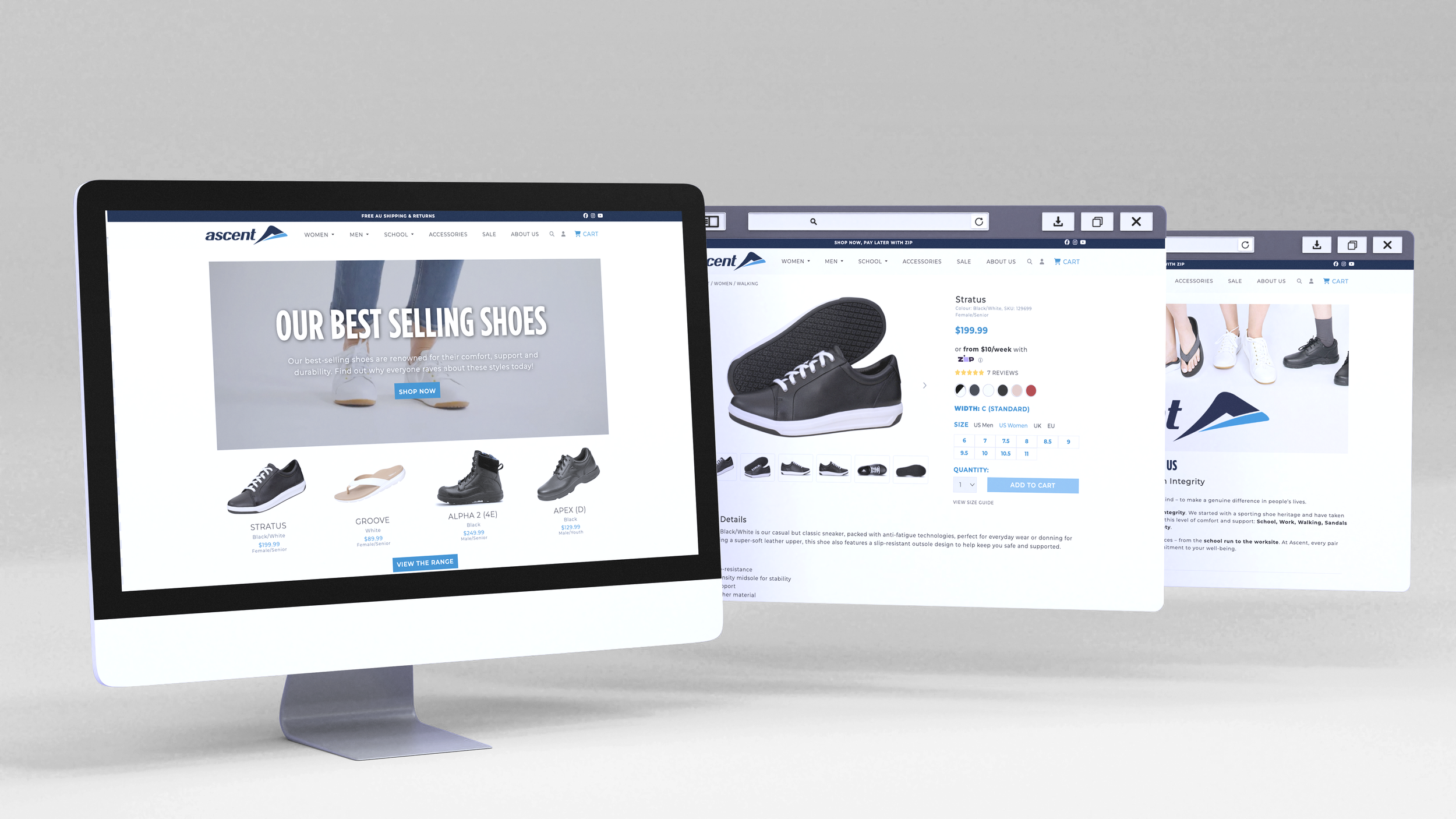 Multiple computer screens display online shoe shopping websites with various shoe images and product details.